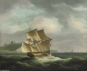 A Three-masted Merchantman Beating Her Way Up The Channel Past Dover Castle — Thomas Whitcombe