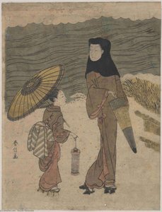 Lady With Black Hood And Umbrella Out Walking With Young Attendant — Suzuki Harunobu
