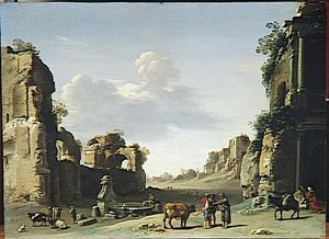 Vue De Fantaisie Du Campo Vaccino A Rome Avec Un Ane — Cornelis Van Poelenburch