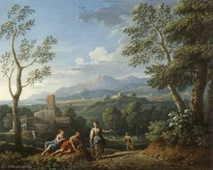 A Classical Landscape, With Figures Resting By A Road — Jan Frans Van Bloemen