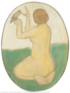 Sentadilla Femenina Desnuda Con Pájaro En La Mano Izquierda — Paula Modersohn-becker