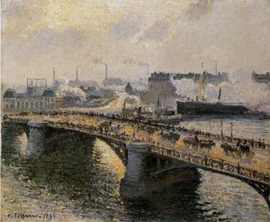 The Pont Boieldieu , Rouen: Sunset, Misty Weather — Camille Pissarro
