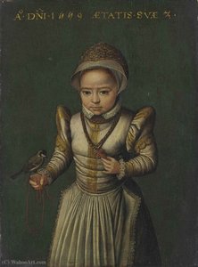 Portrait Of A Child In A White Embroidered Dress Holding A Great Tit. — Catharina Van Hemessen