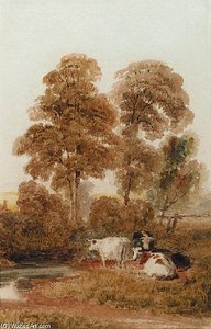 Cattle By A Stream In A Wooded Landscape, Near Cookham, Berkshire — Peter De Wint