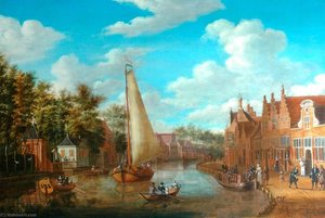 Dutch Canal Scene With Rigged Sailing Vessels And Figures Among The Terraced Houses Of Holland — अब्राहम स्टॉर्क (स्टर्केनबर्च)