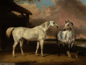 Hunters And Terriers By A Barn, In A River Landscape — Abraham Cooper