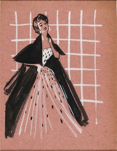 Drawing, Girl In White Dress With Pois Pattern And Black Overcoat — Alceu De Paula Penna
