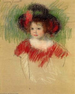 Margot In Big Bonnet And Red Dress — Mary Stevenson Cassatt