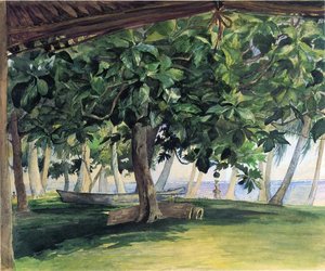 View From Hut, At Vaiala In Upolu, Bread Fruit Tree, War Drums And Canoe, Nov. 19th, 1890 — John La Farge