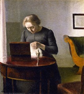 Interior With A Woman At A Sewing Table — Vilhelm Hammershøi