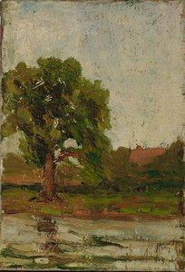 Landscape With Tree, Building, And Water — Thomas P Anshutz