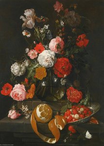 A Still Life Of Roses, Poppies, Lillies And Other Flowers In A Glass Vase On A Marble Shelf Beneath A Partly Peeled Orange And Fraises De Bois In A Wan Li Porcelain Dish, Both On A Projecting Marble Ledge — Cornelis Jansz De Heem