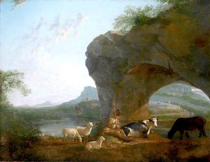 Italianate Landscape With A Herdsman And Three Sheep And Two Cows Under A Rock Arch — Benjamin Barker Ii