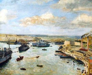 Merchant Ships At Anchor, Grand Harbour, Malta — Bernard Hailstone