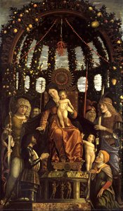 Dziewica Zwycięstwa (madonna Z Dzieciątkiem Na Tronie Z Sześcioma Świętymi I Adorowana Przez Gian Francesco Ii Gonzagi) — Andrea Mantegna