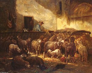 A Flock Of Sheep In A Barn — Charles-émile Jacque