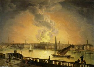 The Burning Of Drury Lane Theatre From Westminster Bridge, London — Thomas Luny