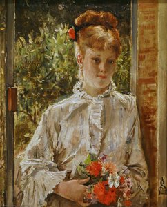 Young Woman In White Holding A Bouquet — Alfred Stevens
