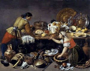 Two Figures At A Table With Kitchen Utensils — Antonio Pereda Y Salgado
