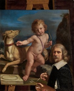 Self-portrait Before A Painting Of Amor Fedele — Guercino