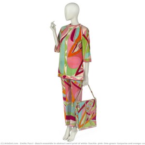 Beach Ensemble In Abstract Swirl Print Of White, Fuschia, Pink, Lime Green, Turquoise And Orange, Comprising Pants, Overblouse, Tunic Jacket And Bag — Emilio Pucci