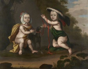 Two Children In Arcadian Costume With A Dog — Charles D' Agar