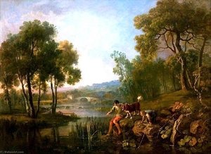 Landscape With Two Boys And A Dog By A River — George Barret The Elder