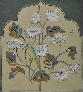 Chrysanthemum With A Green Bird — Nandlal Boshu