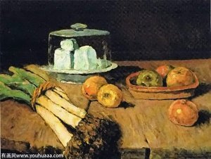 Still Life With Leeks Bunch, Apples And Cheese — Carl Eduard Schuch