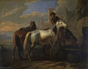 Horses Drinking At A Fountain — Pieter Van Bloemen