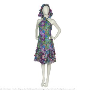Cocktail Dress With Matching Scarf And Briefs In Floral Pattern On Green Silk — Pauline Trigère