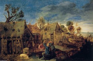 Village Scene With Men Drinking — Adriaen Brouwer