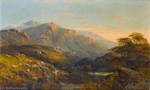 Figures In A Highland Landscape At Sunset — Alfred I Glendening