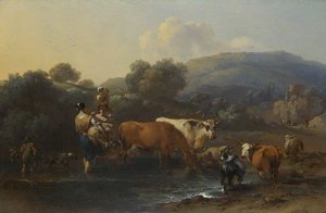 Peasants With Cattle Fording A Stream — Nicolaes Pietersz Berchem