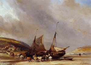 Riders On The Beach With Ship — Eugène Louis Gabriel Isabey