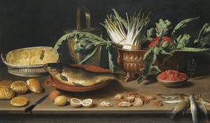 Still Life With A Fish On A Terracotta Plate, Bunches Of Asparagus, Artichokes And Cherries In A Scalloped Dish, Together With Half A Cheese In A Basket, Bread Rolls, Fraises De Bois, Lemons, Oranges And Crabs All Arranged On A Table Top — Jacob Foppens Van Es