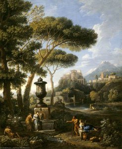 A Classical Landscape With Five Figures Conversing By A Fountain Topped By A Figured Urn — Jan Frans Van Bloemen