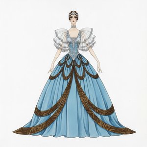 Sky Blue Gown With Bronze Trim And Sculptural Sleeves — Valentin Laurent De Courcey