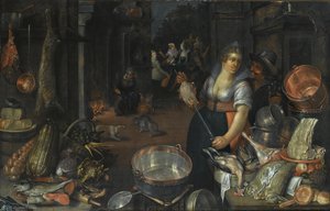 A Kitchen Still Life With A Maid And Her Admirer Next To A Table With Dead Hares, Fowl, Bread Rolls — Cornelis Jacobsz Delff