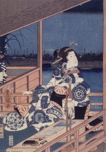 Moonlight View Of Tsukuda With Lady On A Balcony — Utagawa Kunisada