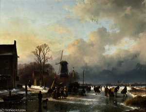 An Extensive Winter Landscape With Numerous Villagers On The Ice — Andreas Schelfhout