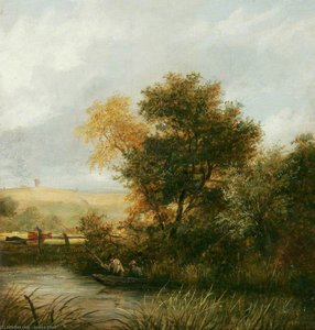 River Scene With Men Fishing From A Boat — James Stark