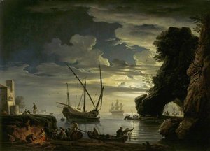 Night Rocky Inlet With Fisherfolk Setting Their Nets, Cooking And Drinking By Moonlight — Claude-joseph Vernet