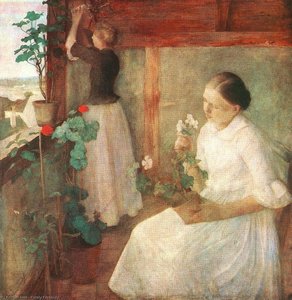 Girls Attending To Flowers — Károly Ferenczy