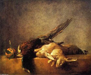 Deux Lapins, Un Faisan Et Une Orange Sevillane Sur Un Rocher — Jean-baptiste-siméon Chardin