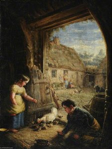 Two Children Feeding Chickens — William Shiels