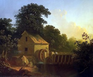 Landscape With Waterwheel And Boy Fishing — George Caleb Bingham