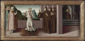 En Presence De Saint Jean Gualbert, Le Bienheureux Petrus Igneus Subit L'ordalie Du Feu Contre L'archeveque De Florence — Marco Palmezzano