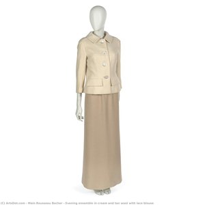 Evening Ensemble In Cream And Tan Wool With Lace Blouse — Main Rousseau Bocher
