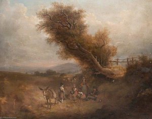 Family Of Travellers Resting By A Donkey — John Pairman